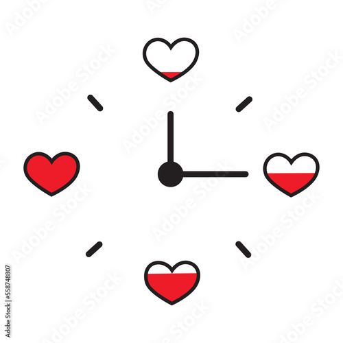 Clock with hearts. Valentine day concept. Test with full indicator of level passion.Vector Illustration