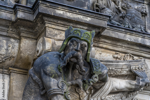 Sculpture of ancient warriors in front of the Georg gate in the historic center of Dresden. Germany. Medieval European architecture.