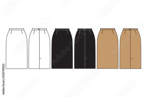 Set pencil skirt model of a classic look in a flat style in three colors, white, beige, black, vector. for fashion magazines and sewing patterns, professionals and amateurs.
