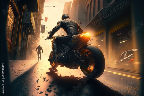 A thrilling high speed motorcycle chase. Made with Generative AI. 