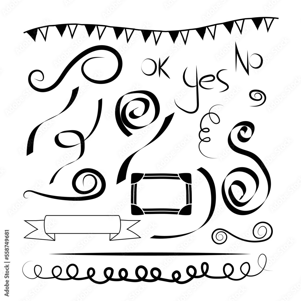 Hand Drawn Decorative calligraphic, Party, Frame, Banner and Text Elements Hand Drawn Decorative calligraphic, Party, Frame, Banner and Text Elements