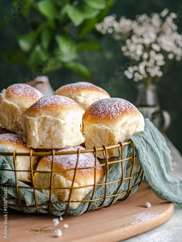Homemade milk and creamcheese buns in a basket with a cloth next to a window photo