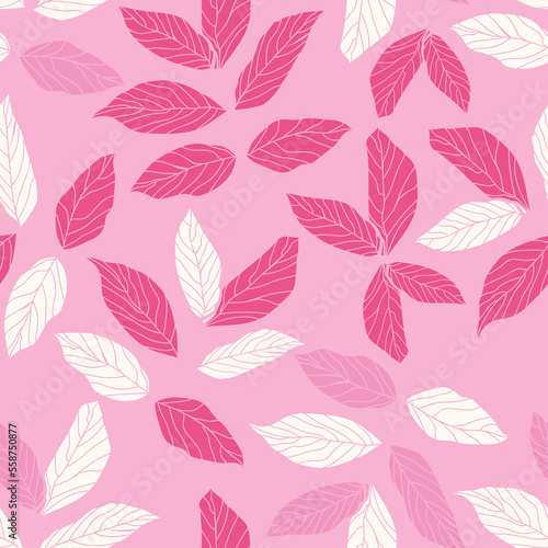 Modern summer tropical leaves seamless pattern design. Vector hand-drawn leaves seamless pattern. Abstract trendy floral background. Pattern for wrapping paper or fabric. © Carrie