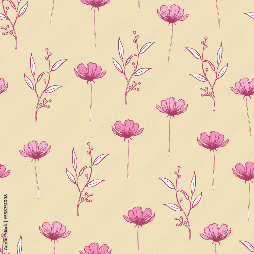 Modern tropical flowers seamless pattern design. Seamless pattern with spring flowers and leaves. Hand-drawn background. floral pattern for wallpaper or fabric. Botanic Tile.