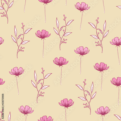 Modern tropical flowers seamless pattern design. Seamless pattern with spring flowers and leaves. Hand-drawn background. floral pattern for wallpaper or fabric. Botanic Tile. © Carrie