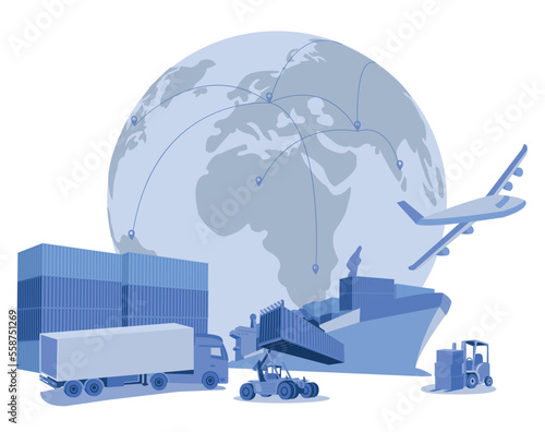 Logistics and shipping of container truck at ship port for business Container Cargo ship and cargo plane with crane bridge working at shipyard at sunrise, logistics import export and shipping