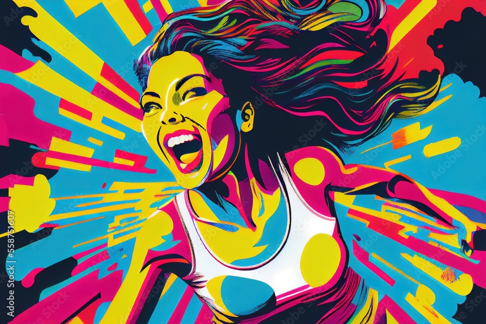 illustration of very active woman running with a big smile, generative ai illustration of very active woman running with a big smile, generative ai