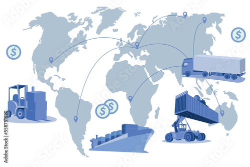 Logistics and shipping of container truck at ship port for business Container Cargo ship and cargo plane with crane bridge working at shipyard at sunrise, logistics import export and shipping