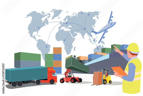 Logistics and shipping of container truck at ship port for business Container Cargo ship and cargo plane with crane bridge working at shipyard at sunrise, logistics import export and shipping