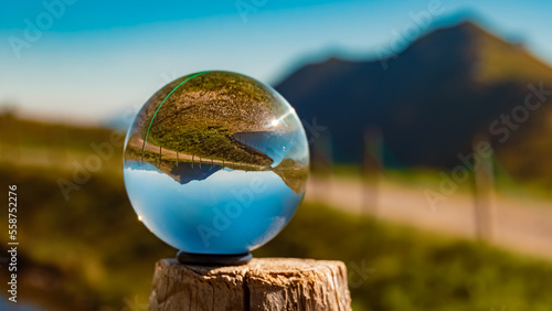 Crystal ball alpine landscape shot at the famous Kanzelwand summit  Kleinwalsertal valley  Riezlern  Vorarlberg  Austria