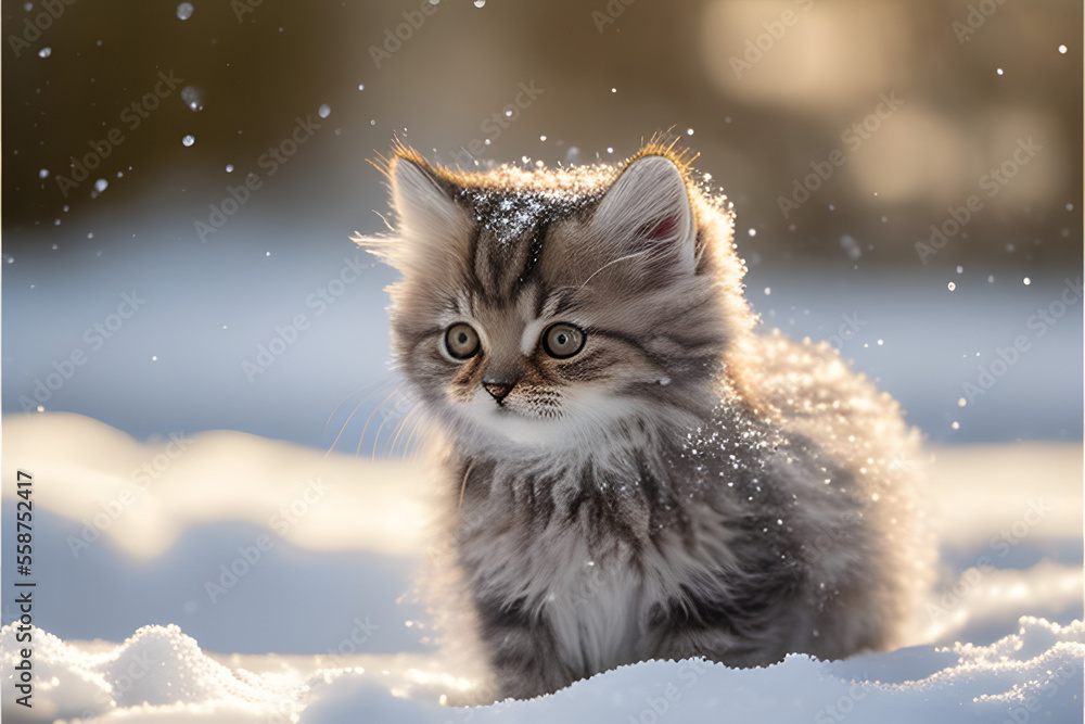 cute adorable kitten in snow , generative ai