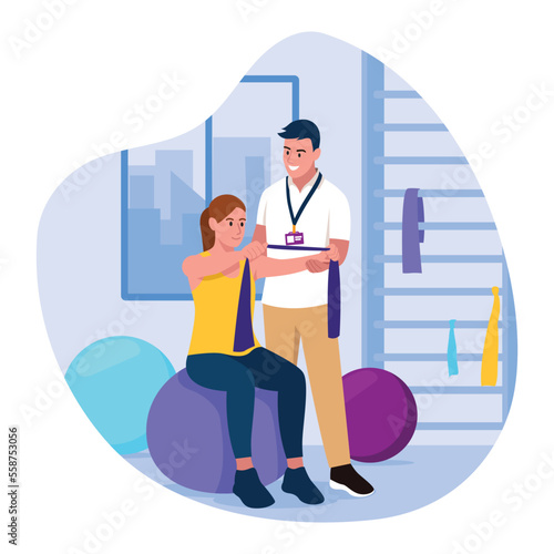 Vector illustration of fitness workout. Cartoon scene with a girl who is training with a trainer in the gym. Rehabilitation and restoration of health. Physical exercises for a healthy body.