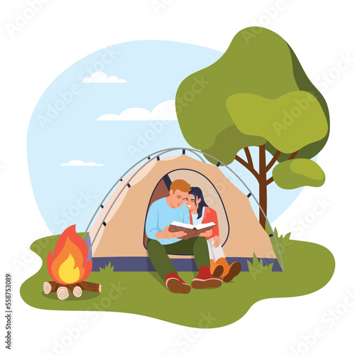 Vector illustration of people in the tent. Cartoon scene with a man and woman sitting in a tent near the fire and reading a book on white background. Recreation in the fresh air.