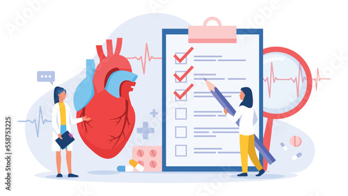 Vector illustration of cardiologist. Cartoon scene with doctors who check the heart for various diseases on white background. Medicine and doctors.