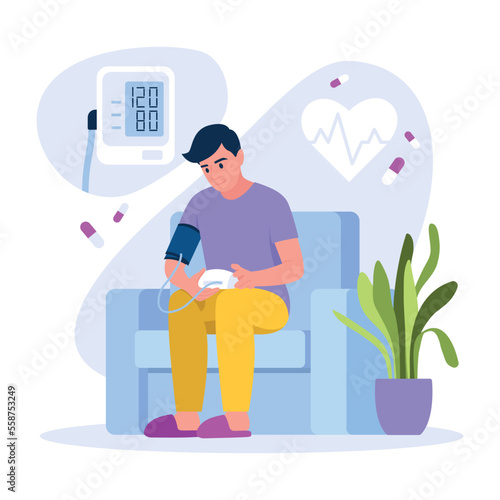Vector illustration of heart pressure. Cartoon scene with a guy who measures heart pressure at home on white background.