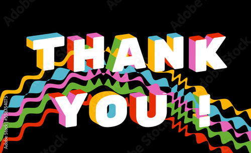 Thank you 3d flat typography vector illustration. Bold colorful text and wavy lines isolated on black. Retro stylized font. Greeting card, postcard, trendy bright poster