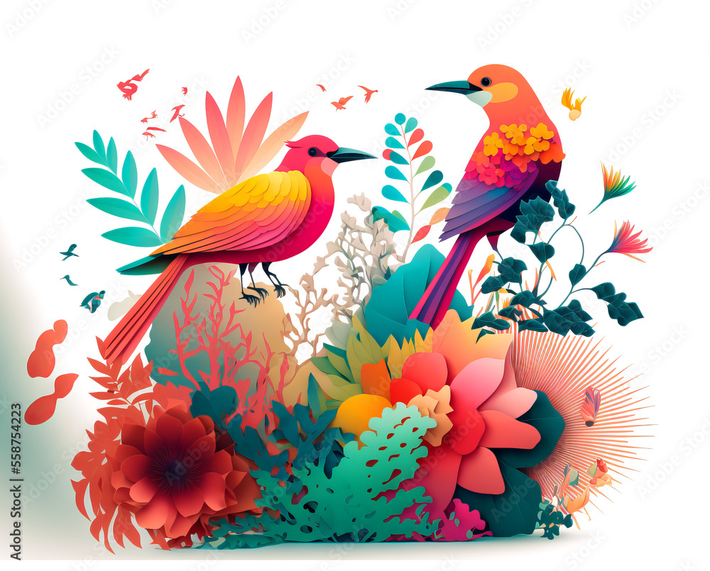 Naklejka premium Arrangement of Tropical flowers and plants, with colorful birds, and coral, on an isolated White Background Generative AI