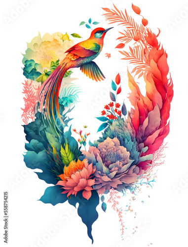 Arrangement of Tropical flowers and plants, with colorful birds, and coral, on an isolated White Background
Generative AI