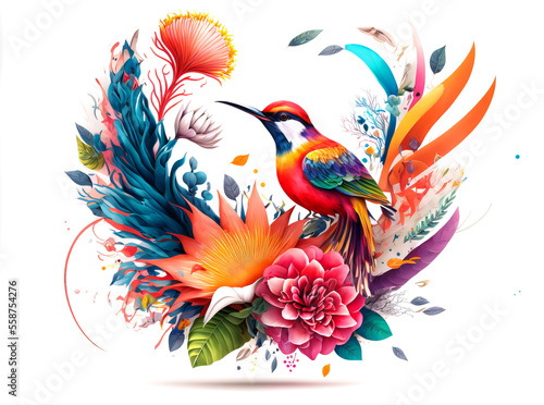 Stampa su tela Arrangement of Tropical flowers and plants, with colorful birds, and coral, on a