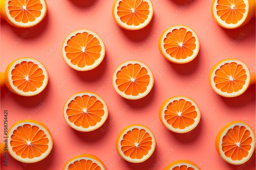 Pattern with ripe orange on a pink background. view of the top copyspace. Pop art design, creative summer concept. Half of orange in minimal flat lay style, Made by AI, Artificial intelligence Pattern with ripe orange on a pink background. view of the top copyspace. Pop art design, creative summer concept. Half of orange in minimal flat lay style, Made by AI, Artificial intelligence