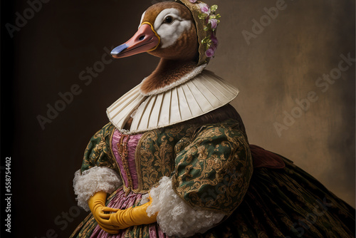 Created with Generative AI technology. portrait of a bird duck in renaissance clothing photo