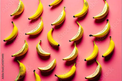 Pattern with ripe banana on pink background. top view. copyspace. Pop art design, creative summer concept in minimal flat lay style, Made by AI, Artificial intelligence