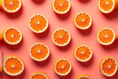 Pattern with ripe orange on a pink background. view of the top copyspace. Pop art design, creative summer concept. Half of orange in minimal flat lay style, Made by AI, Artificial intelligence 