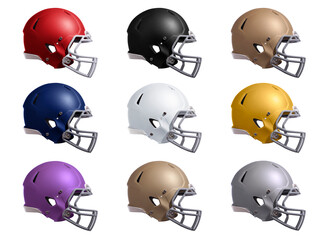 Football helmets side view in multiple colors isolated on white