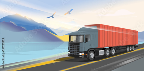 Cargo truck with a sea container rushes along the highway against the backdrop of the sea and mountains (ID: 558755225)