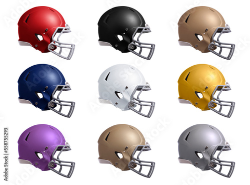 Football helmets side view in multiple colors isolated on white