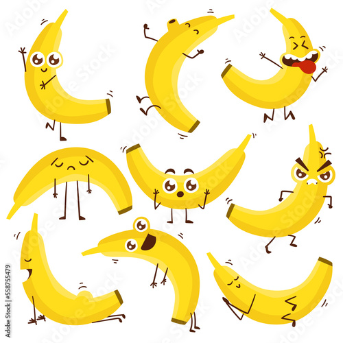 Cute Cartoon Emotional banana character stickers on white background