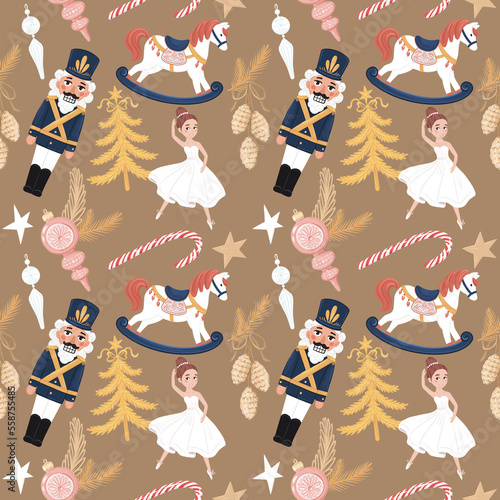 Nutcracker, ballet, decorations and sweets, seamless pattern with hand drawn illustrations with Christmas theme
