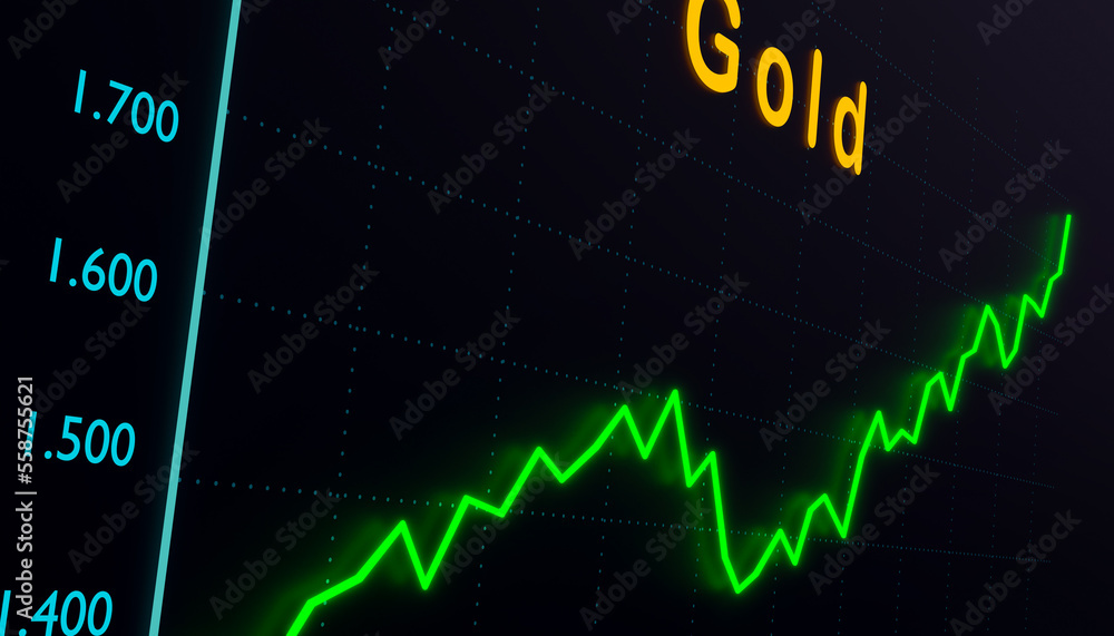 Gold chart moving up, commodity trading. Screen with rising gold graph. Stock market and exchange, precious metal, trading, gold, business and investment. 3D illustration Gold chart moving up, commodity trading. Screen with rising gold graph. Stock market and exchange, precious metal, trading, gold, business and investment. 3D illustration