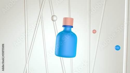 3d render. Blue glass jar of cosmetics or medicine bottle on a light neutral background. Small round balls or bubbles float up gently, hitting the bottle and shaking it.