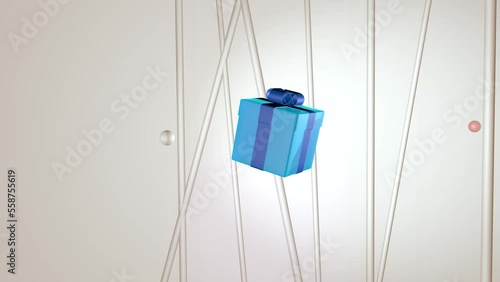 3d animation. A square box with a gift and a blue bow on a light neutral background. Small balls fly up and hit the gift, the box turns over. Background or splash, concept or idea.