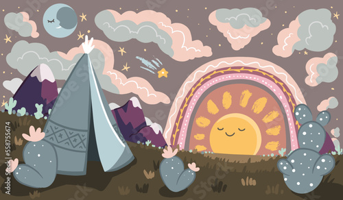 let the sun rise, let the moon set. Vector hand drawn wall mural for kid room decoration
