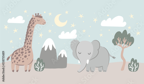 Night in African safari, sleeping animals, vector hand drawn illustration for kid room wall mural 