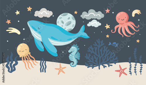 Sleeping underwater animals, vector hand drawn illustration for kid room wall mural
