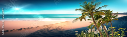  Tropical  seascape mediterranean sea blue water and sky  white beach  sand and flowers with plant tropical Travel vacation natural landscape banner 