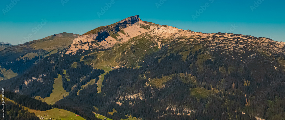 Far view of the Ifen summit seen from the famous Kanzelwand summit, Riezlern, Kleinwalsertal valley, Vorarlberg, Austria
