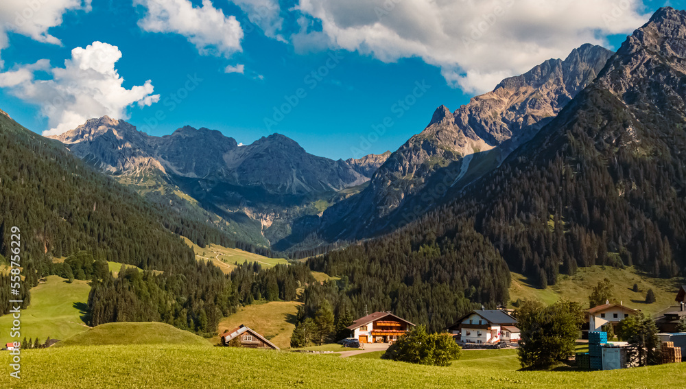 Beautiful alpine summer view at the famous Kleinwalsertal valley, Mittelberg, Vorarlberg, Austria