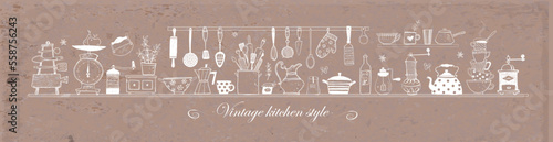 Composition with doodle kitchen utensils on brown parcel paper background. Vector sketch illustration