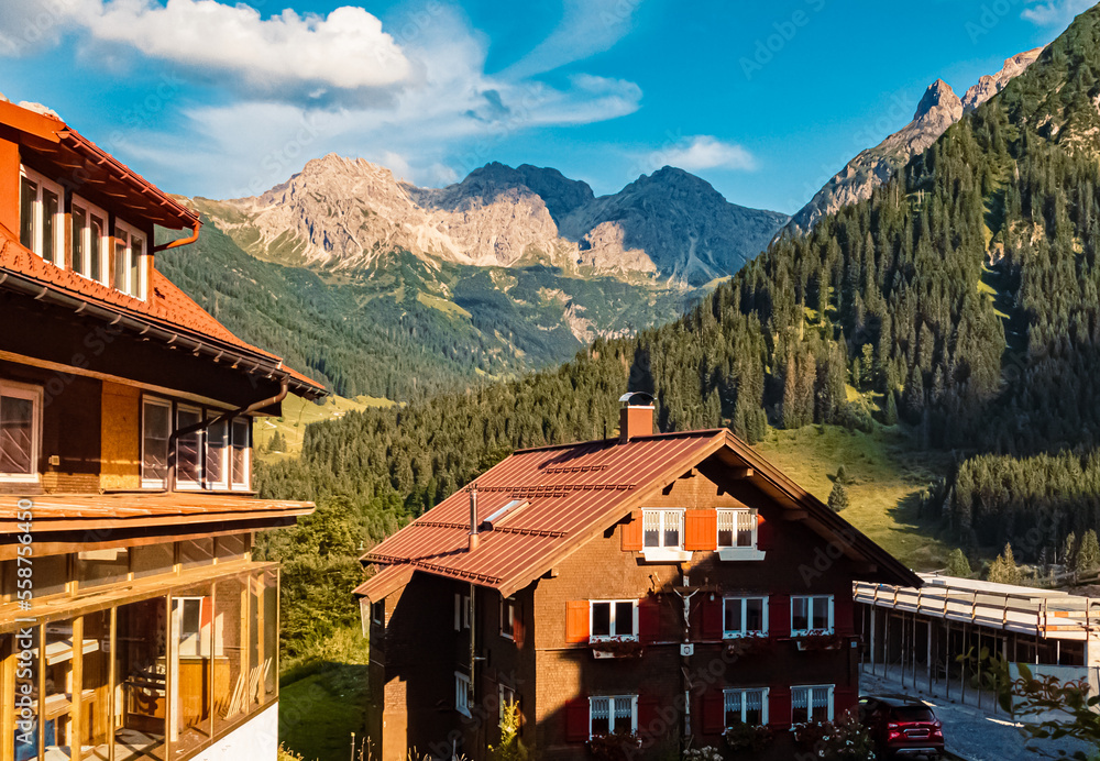 Beautiful alpine summer view at the famous Kleinwalsertal valley, Mittelberg, Vorarlberg, Austria