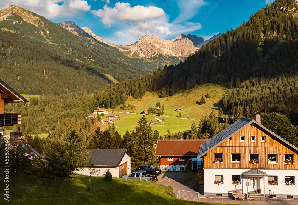 Beautiful alpine summer view at the famous Kleinwalsertal valley, Mittelberg, Vorarlberg, Austria