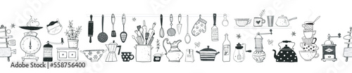 Horizontal seamless background with doodle kitchen utensils in vintage style. Vector sketch illustration
