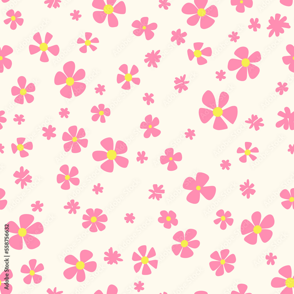 Retro flower heads seamless repeat pattern. Random placed, vector florals on white background.