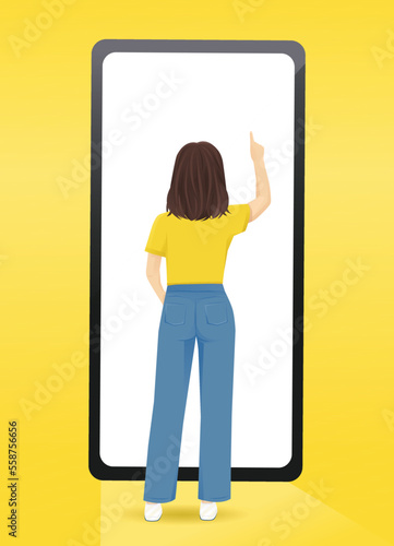 Back view of standing young beautiful brunette woman opposite blank phone screen on yellow background vector illustration 