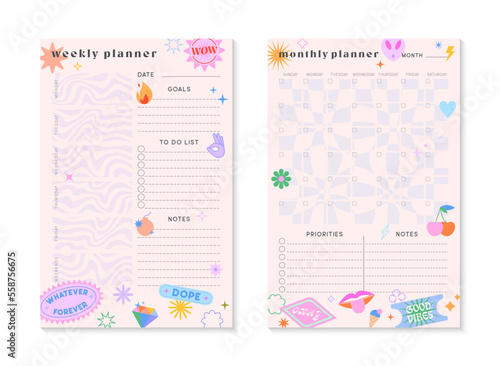 Vector weekly and monthly planners templates with y2k patches,icons and emblems.Organizer and schedule with place for notes;goals,to do list.Trendy layouts in 90s groovy aesthetic.