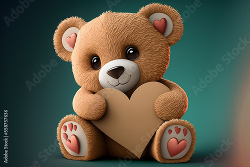 Cute Valentine's Day Teddi Bear holding a paper heart. Generative AI