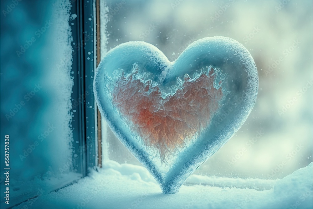 An ice cold blue heart on the window. Generative ai illustration.
